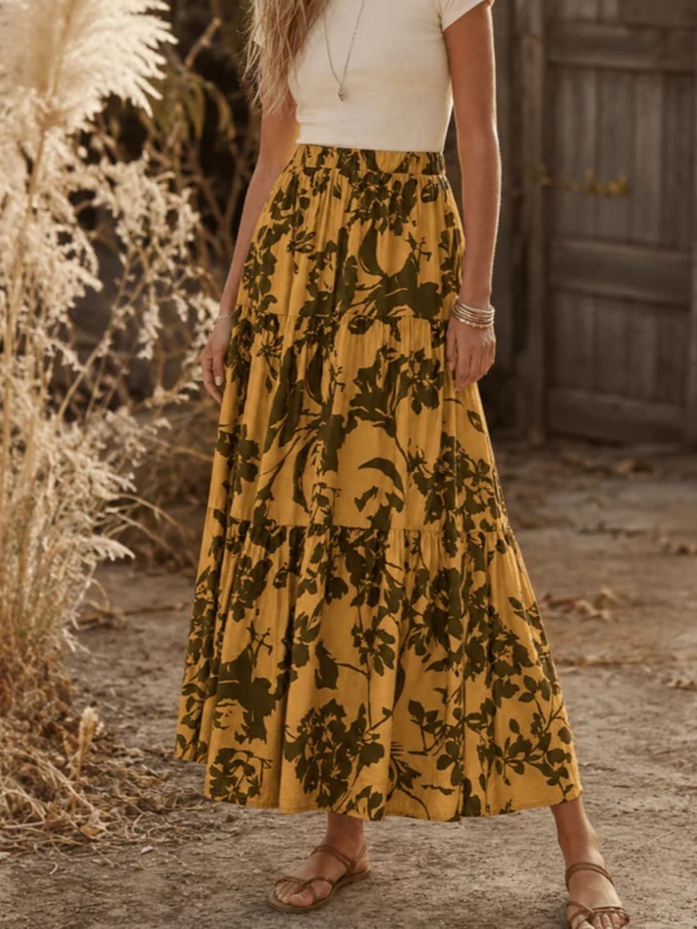 Mustard Floral Tiered Maxi Skirt